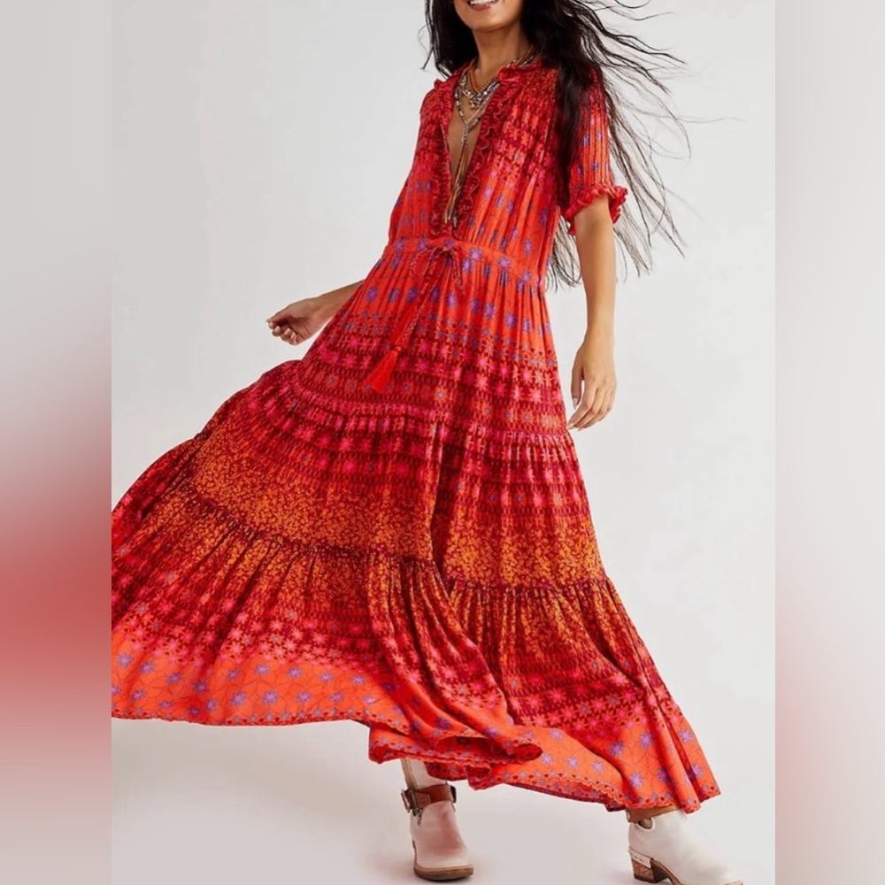Free People Red Orange Patterned Maxi Dress